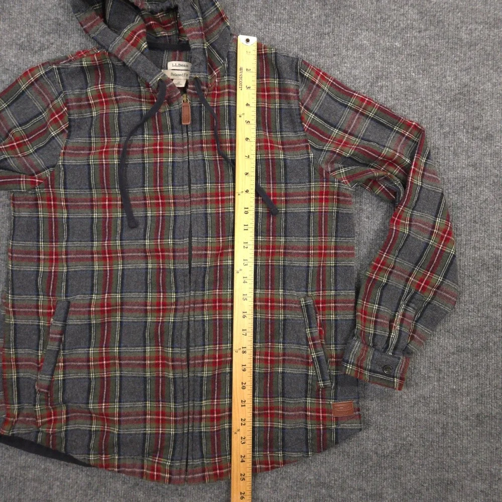 LL Bean Flannel Hoodie Womens Small Gray Red Scotch Plaid Full Zip Relaxed Fit